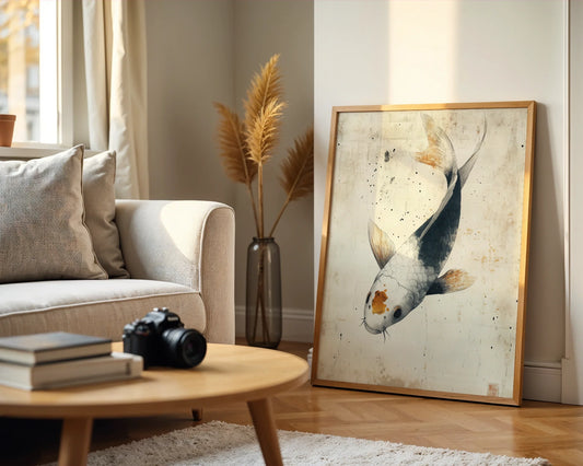 Koi Fish Art Japandi Style Aged Paper Canvas Wall Art — Rustic Eastern-inspired canvas featuring solitary carp in muted tones for contemporary home styling