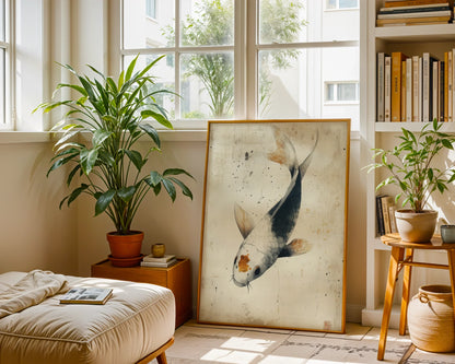 Koi Fish Art Japandi Style Aged Paper in room