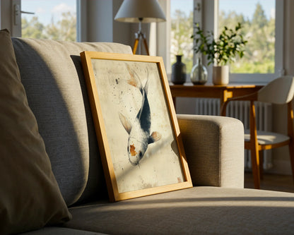 Koi Fish Art Japandi Style Aged Paper Canvas Wall Art — Serene carp illustration on textured canvas bringing peaceful simplicity to modern interiors