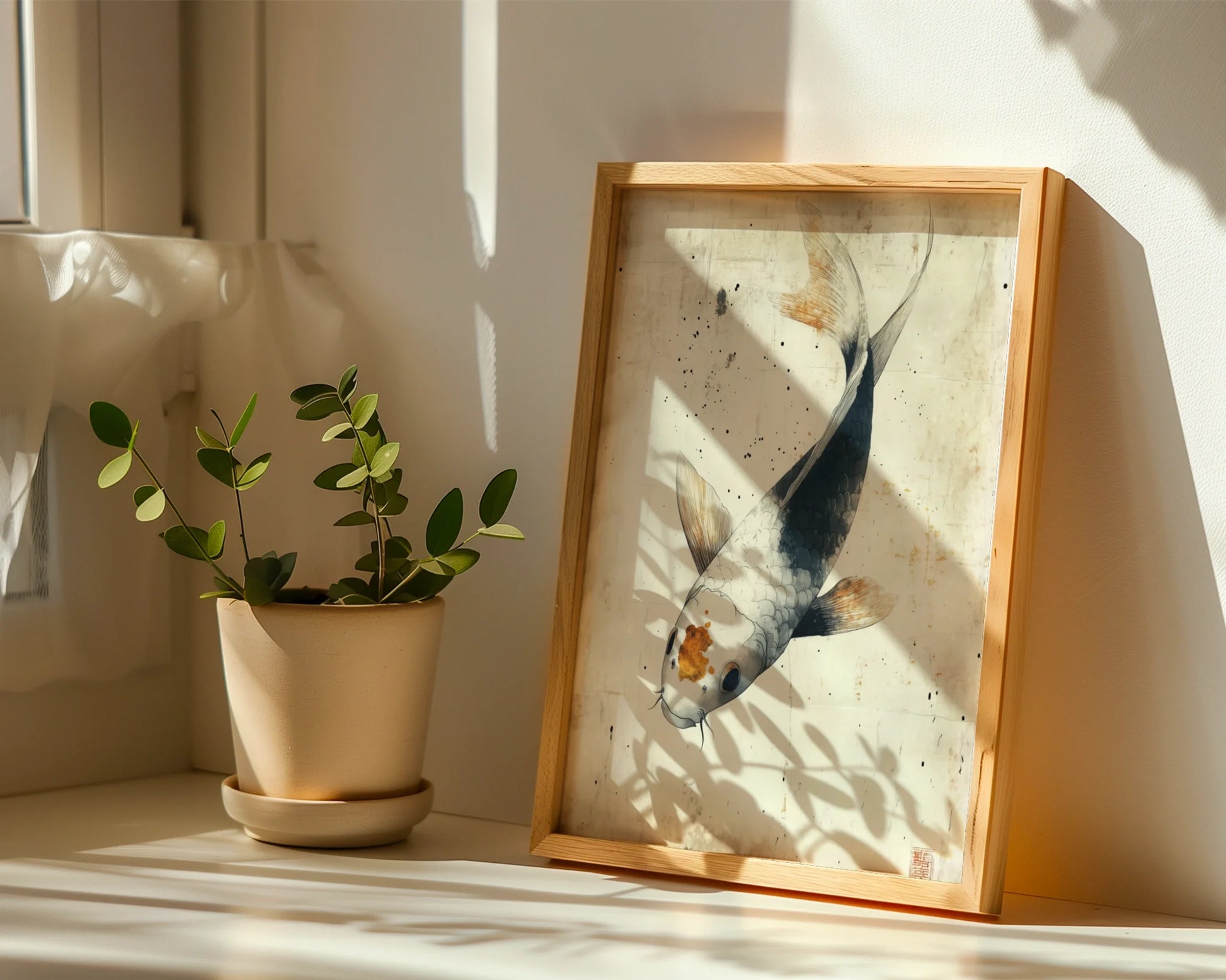 Koi Fish Art Japandi Style Aged Paper Canvas Wall Art — Antique-style Eastern fish art on worn paper texture creating tranquil sleeping space ambiance