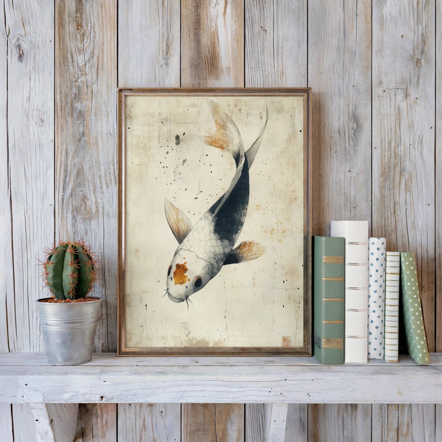 Koi Fish Art Japandi Style Aged Paper Canvas Wall Art — Clean-lined Asian carp painting on neutral canvas perfect for understated contemporary decor