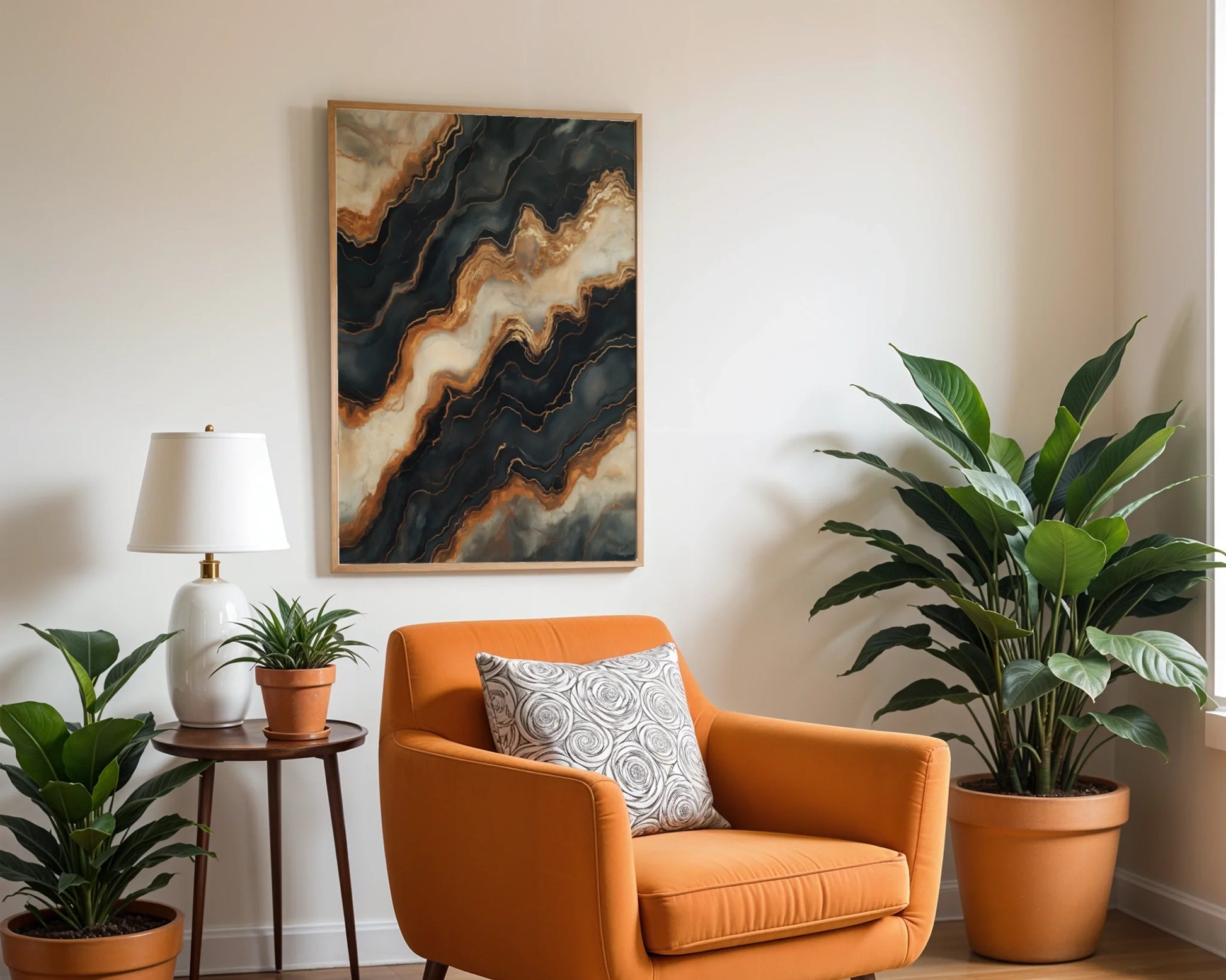 Copper Stone Mineral Veins Luxury Canvas Wall Art Print — Industrial canvas artwork showcasing molten copper veins flowing through dark volcanic rock for luxury decor