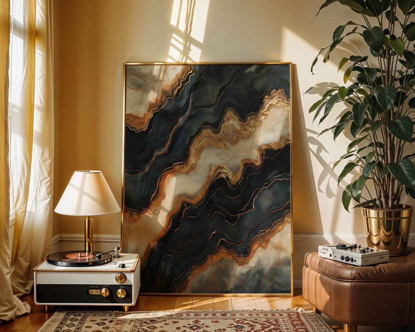 Copper Stone Mineral Veins Luxury Canvas Wall Art Print — Contemporary wall art featuring metallic bronze streams carving through charcoal stone for elegant interiors