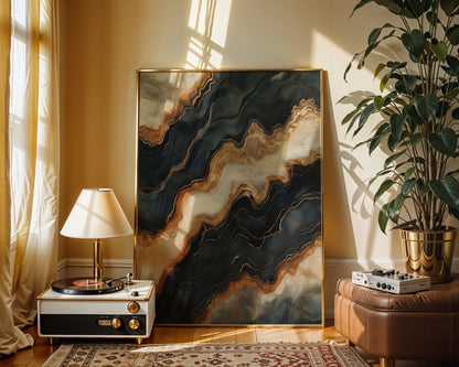 Copper Stone Mineral Veins Luxury Canvas Wall Art Print — Contemporary wall art featuring metallic bronze streams carving through charcoal stone for elegant interiors