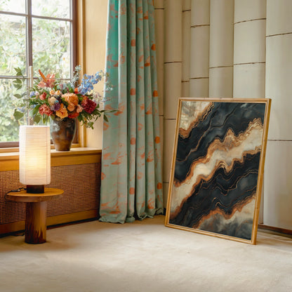 Copper Stone Mineral Veins Luxury Canvas Wall Art Print — Organic wall decor capturing burnished bronze rivers cutting through slate-dark bedrock for chic interiors