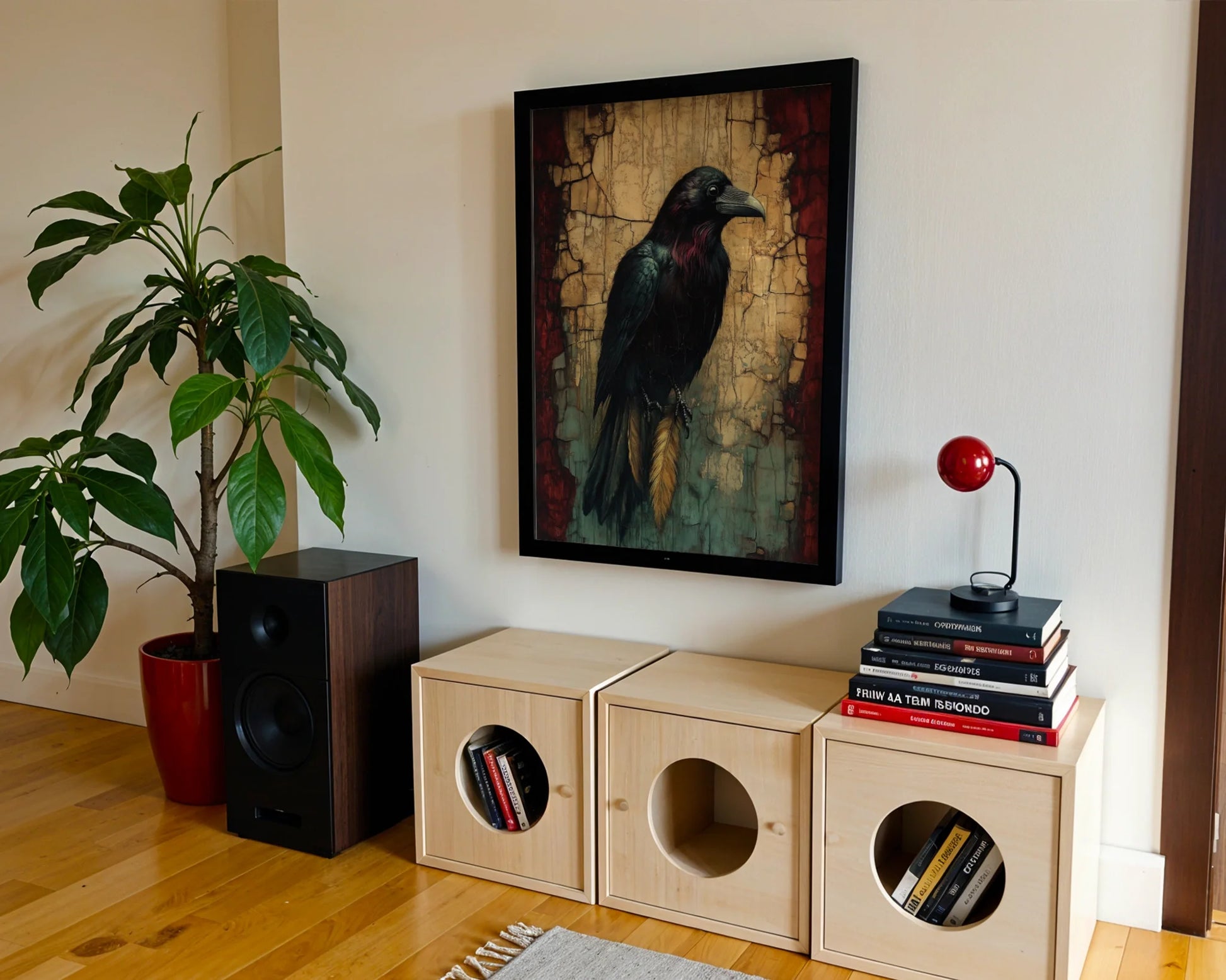 Raven Spirit Animal Canvas Wall Art with Golden Talismans — Scholarly black bird artwork with ornate metallic charms for intellectual home aesthetics