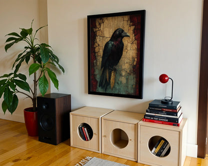 Raven Spirit Animal Canvas Wall Art with Golden Talismans — Scholarly black bird artwork with ornate metallic charms for intellectual home aesthetics