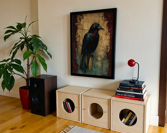 Raven Spirit Animal Canvas Wall Art with Golden Talismans — Scholarly black bird artwork with ornate metallic charms for intellectual home aesthetics