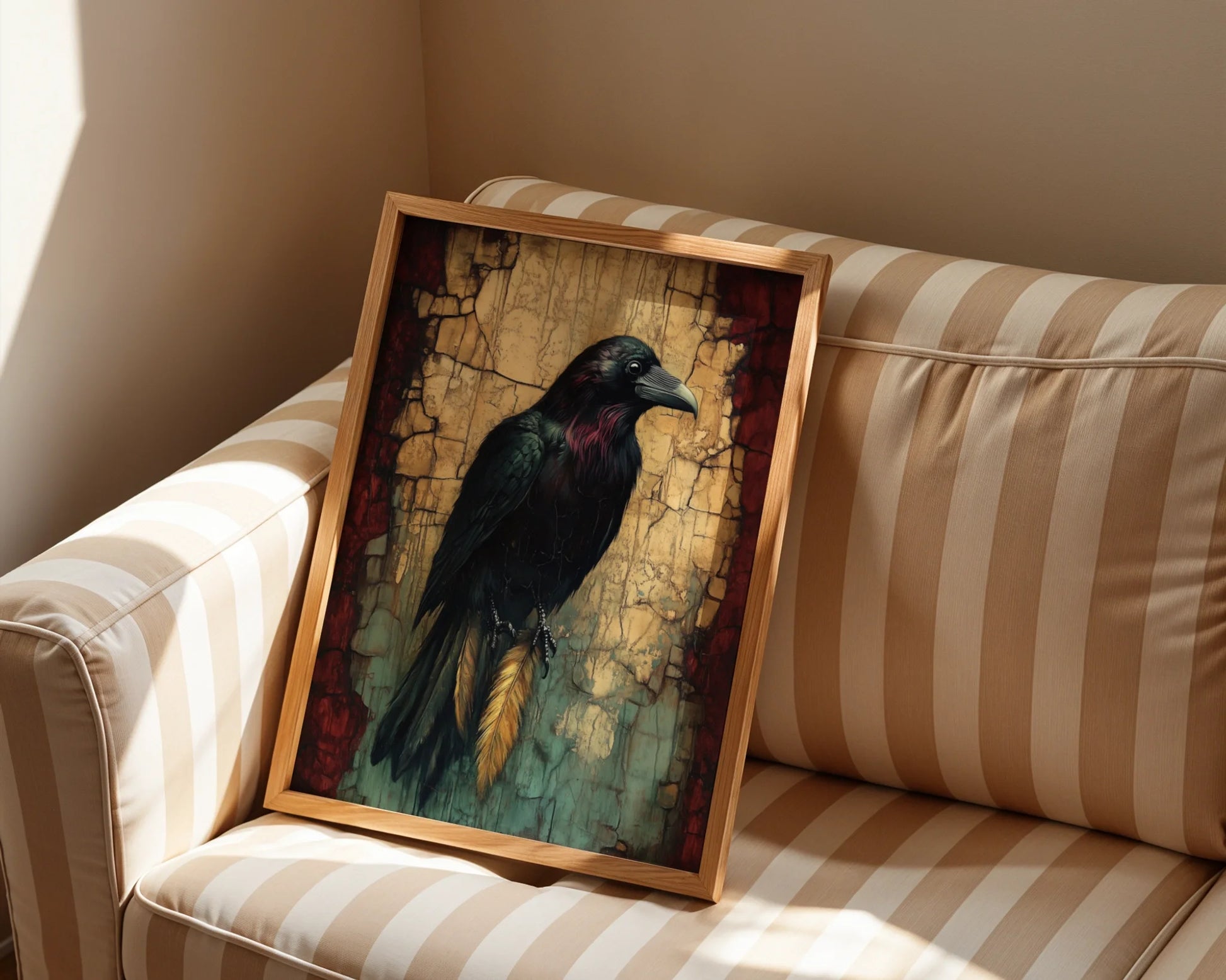Raven Spirit Animal Canvas Wall Art with Golden Talismans — Medieval crow guardian featuring bronze amulets displayed in dramatic interior styling