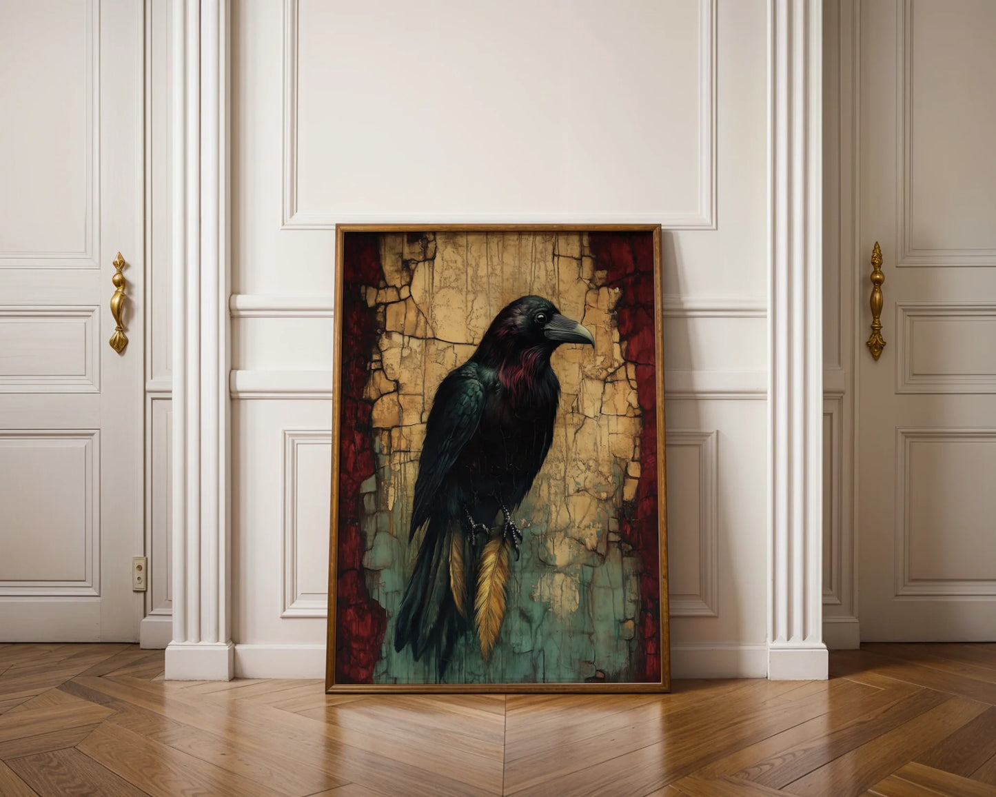 Raven Spirit Animal Canvas Wall Art with Golden Talismans — Ethereal corvid artwork with sacred ornaments perfect for eclectic home styling