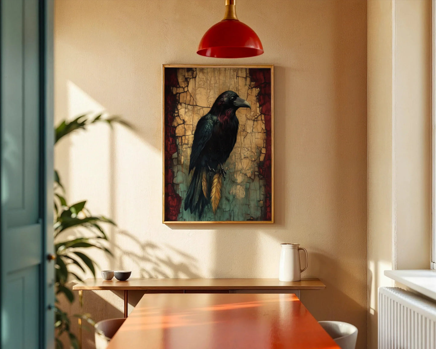 Raven Spirit Animal Canvas Wall Art with Golden Talismans — Somber crow portrait on crumbling stone backdrop for atmospheric interior design