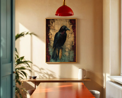 Raven Spirit Animal Canvas Wall Art with Golden Talismans — Somber crow portrait on crumbling stone backdrop for atmospheric interior design
