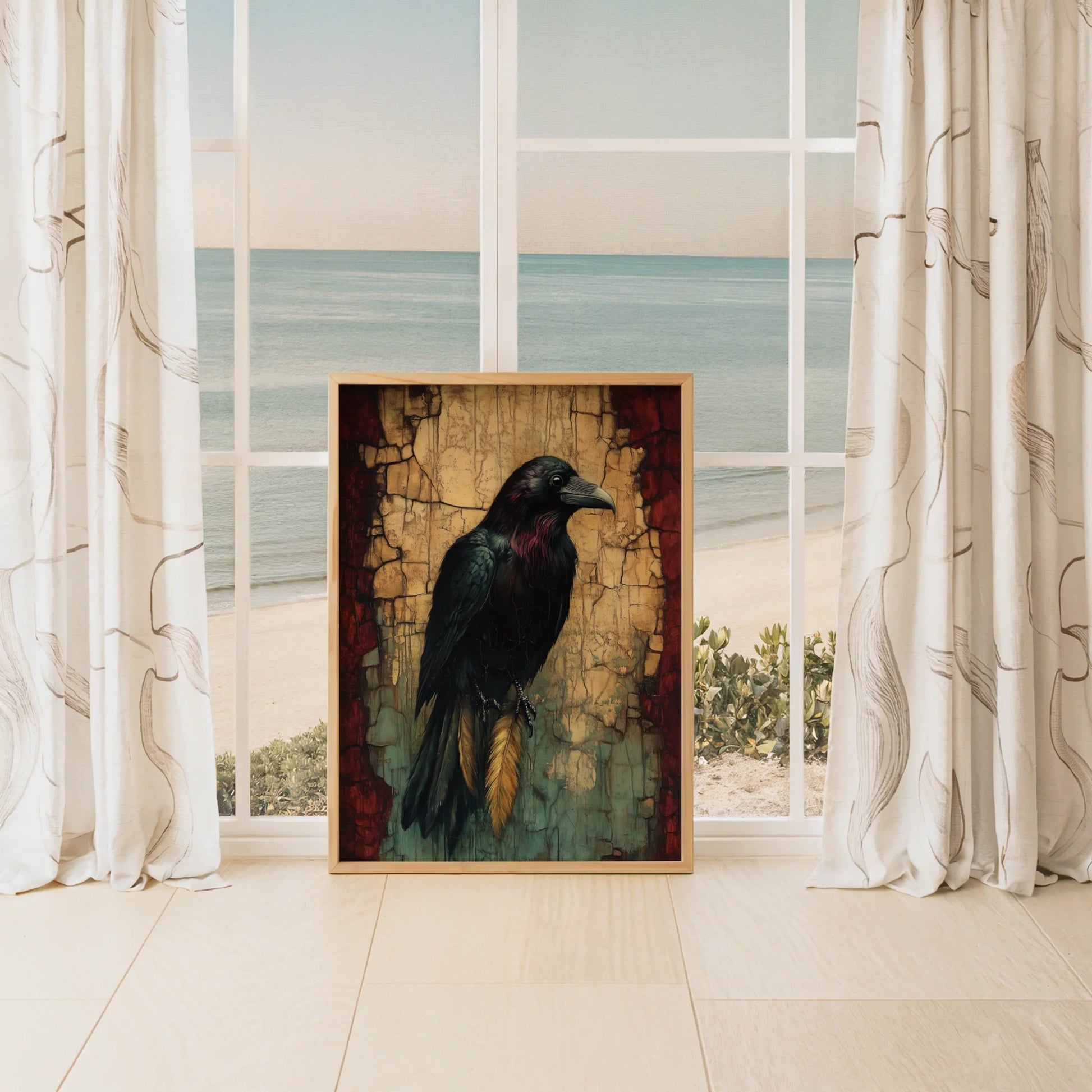 Raven Spirit Animal with Golden Talismans in room