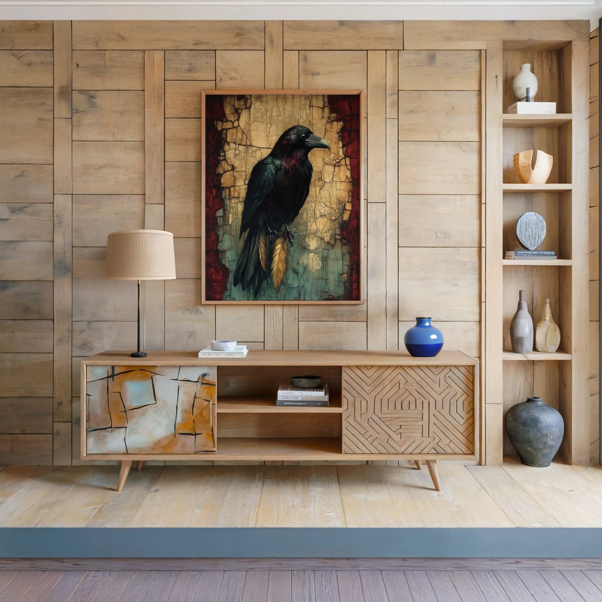 Raven Spirit Animal with Golden Talismans in room