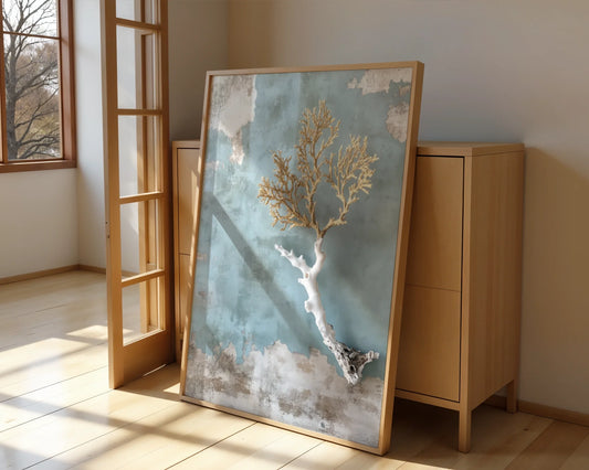Coastal Coral Art Golden Branches Textured Canvas Wall Art — Weathered sea treasure floating on cream plaster backdrop for contemporary coastal style home decor