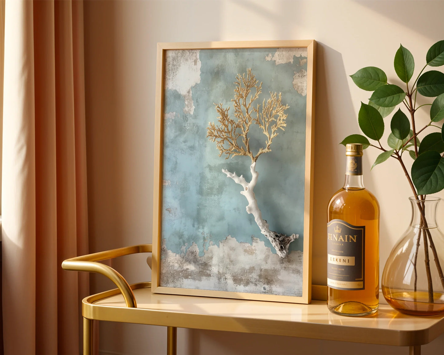 Coastal Coral Art Golden Branches Textured in room