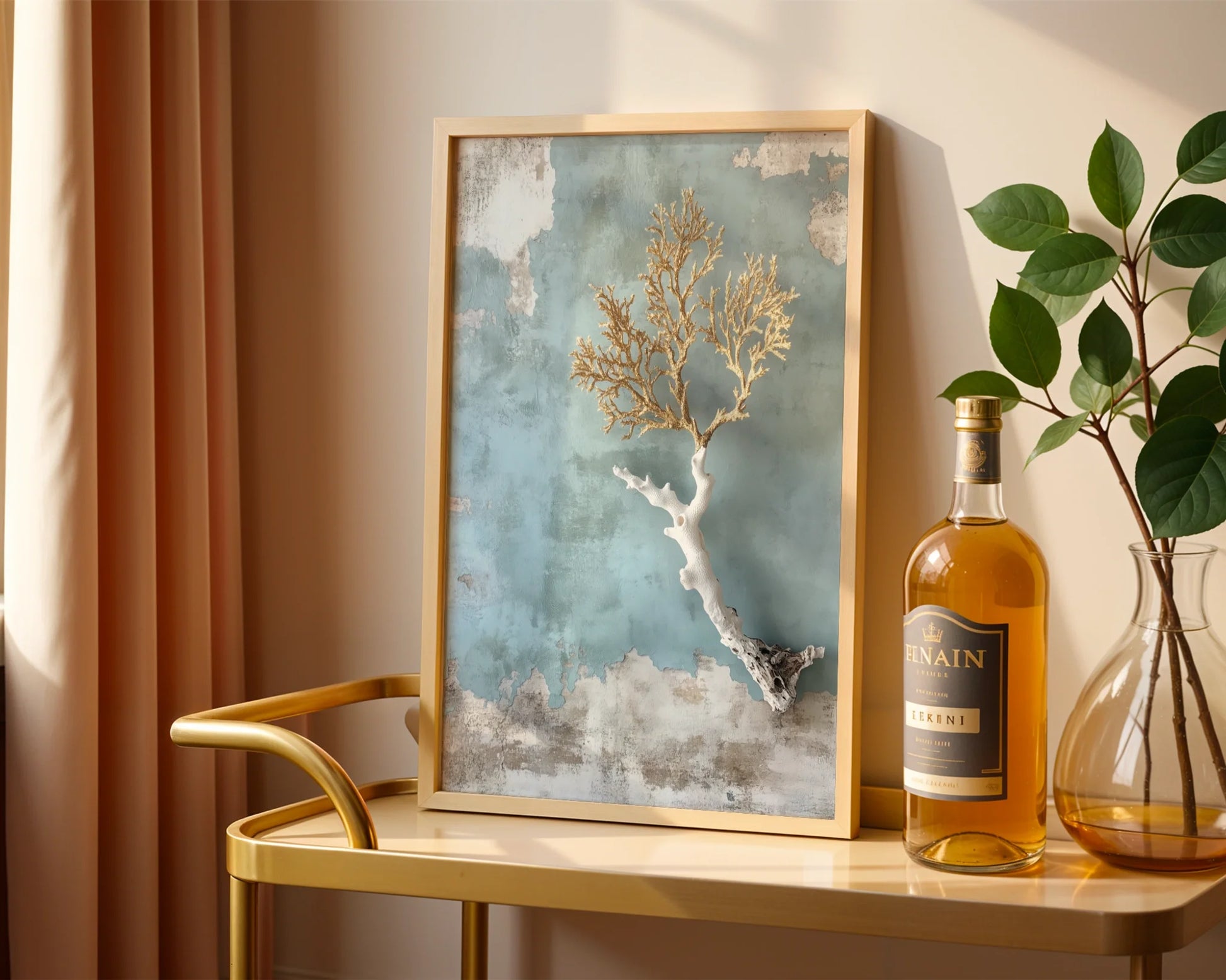Coastal Coral Art Golden Branches Textured in room