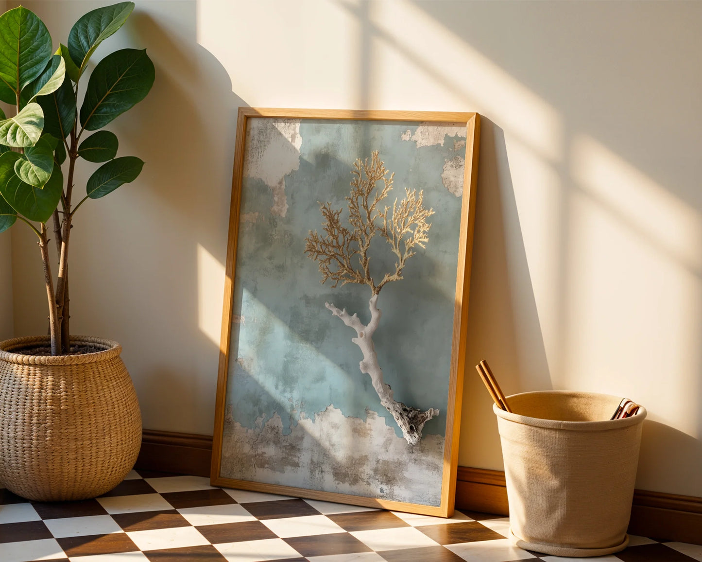 Coastal Coral Art Golden Branches Textured Canvas Wall Art — Champagne-toned ocean relic canvas print showcased in scandinavian inspired beach house styling