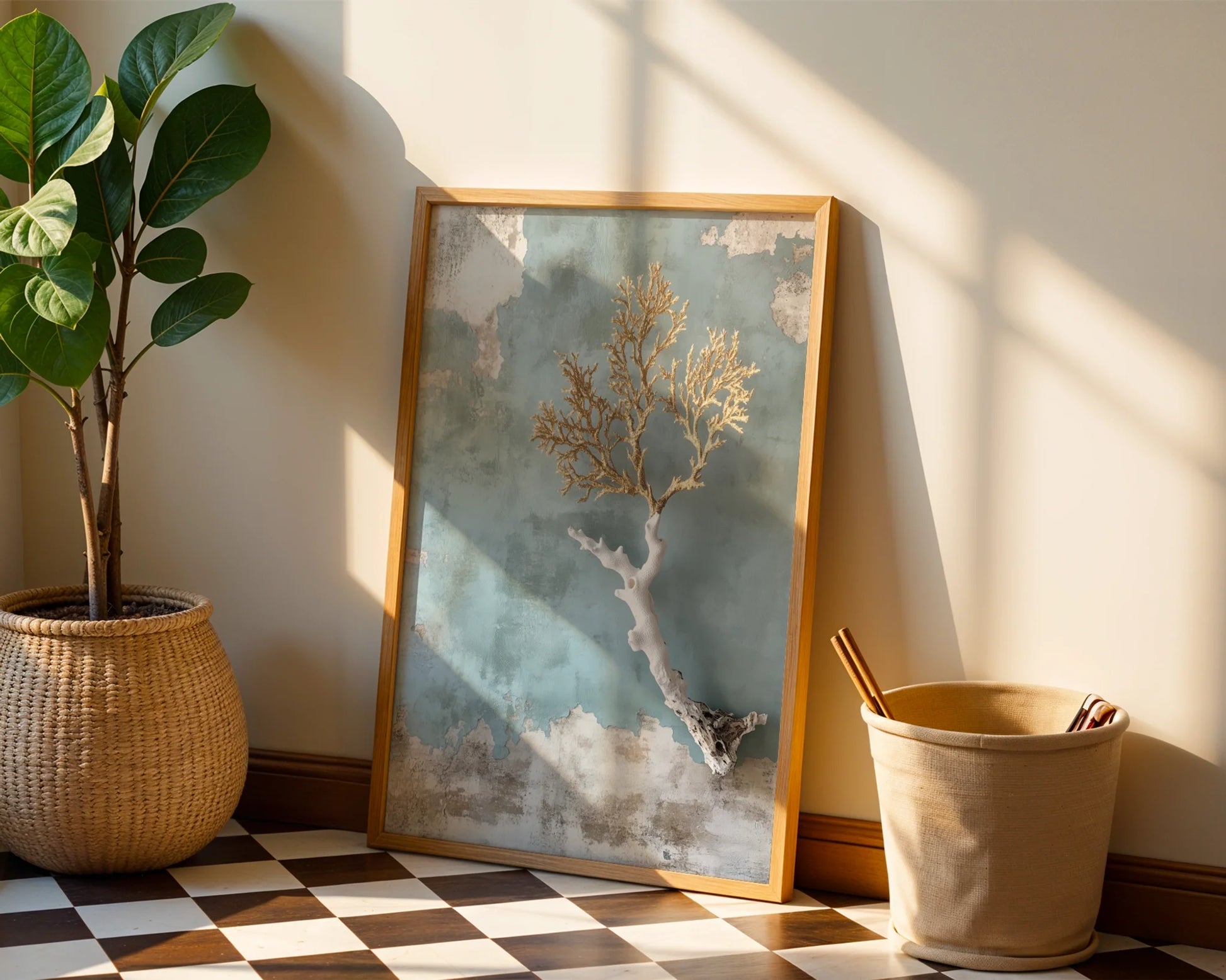 Coastal Coral Art Golden Branches Textured Canvas Wall Art — Champagne-toned ocean relic canvas print showcased in scandinavian inspired beach house styling