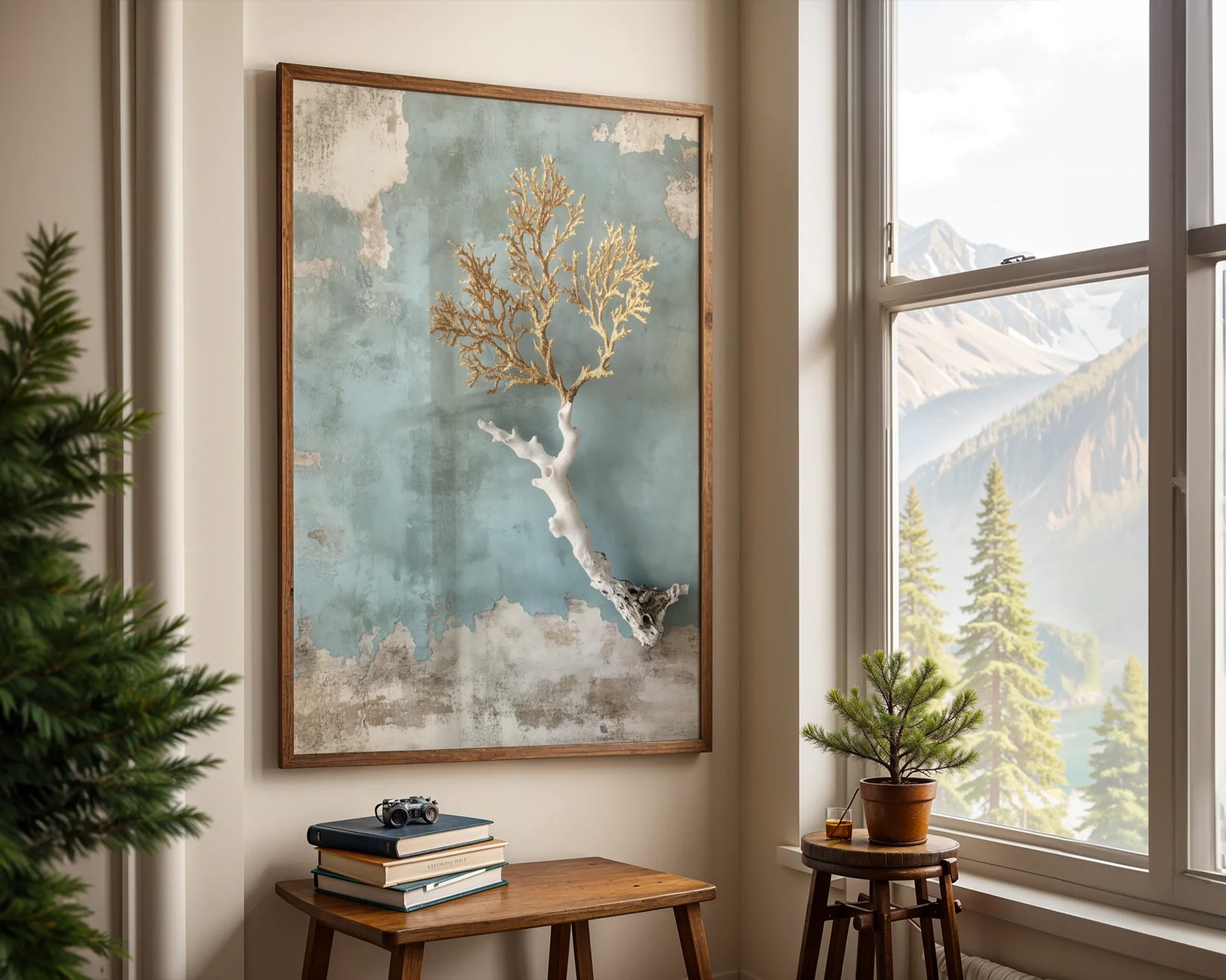 Coastal Coral Art Golden Branches Textured in room