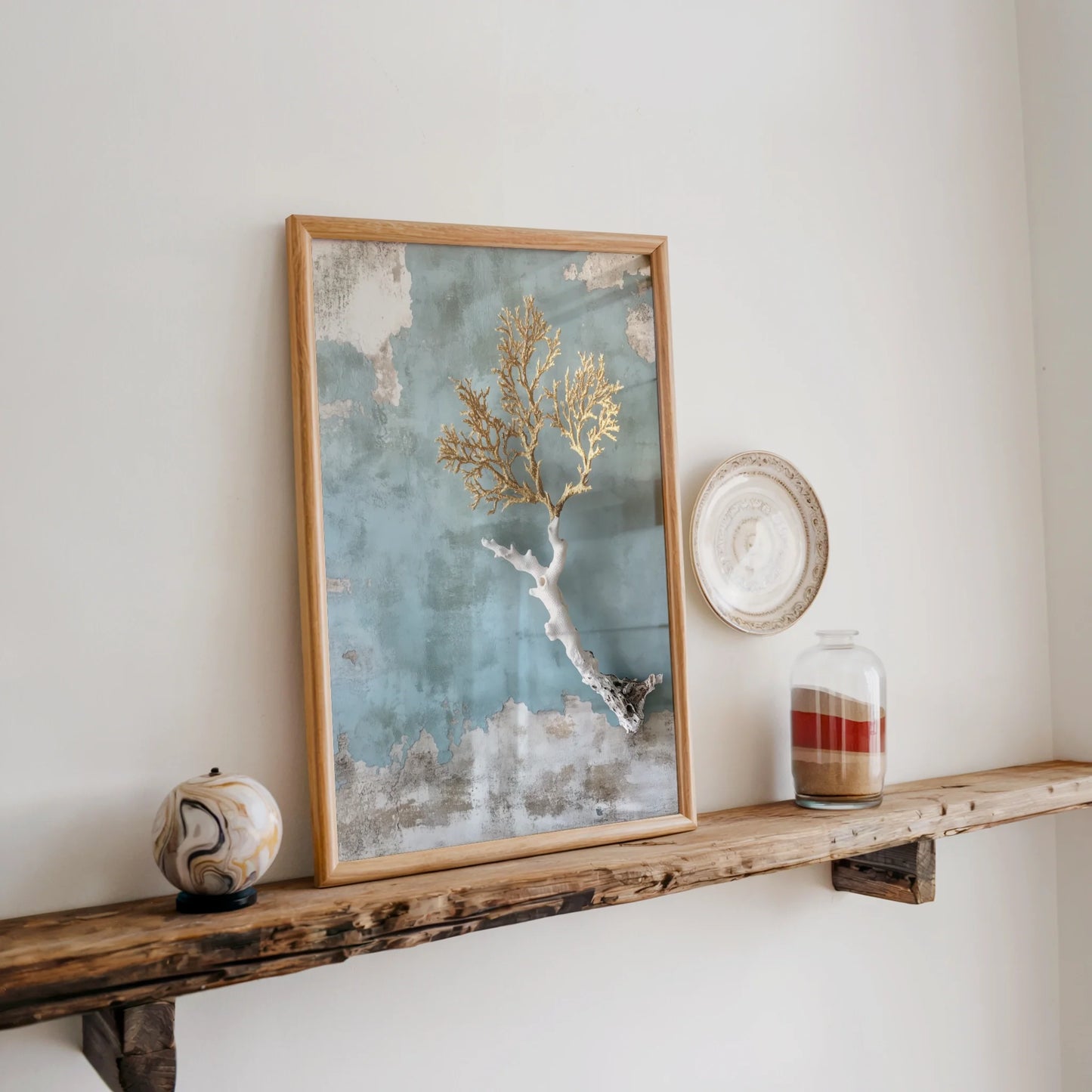 Coastal Coral Art Golden Branches Textured in room