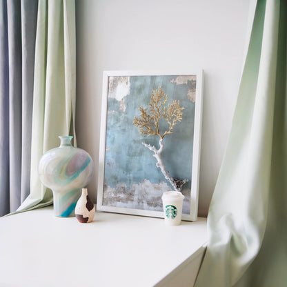 Coastal Coral Art Golden Branches Textured Canvas Wall Art — Sage green and cream textured canvas displaying fossilized sea life in neutral modern bedroom setting