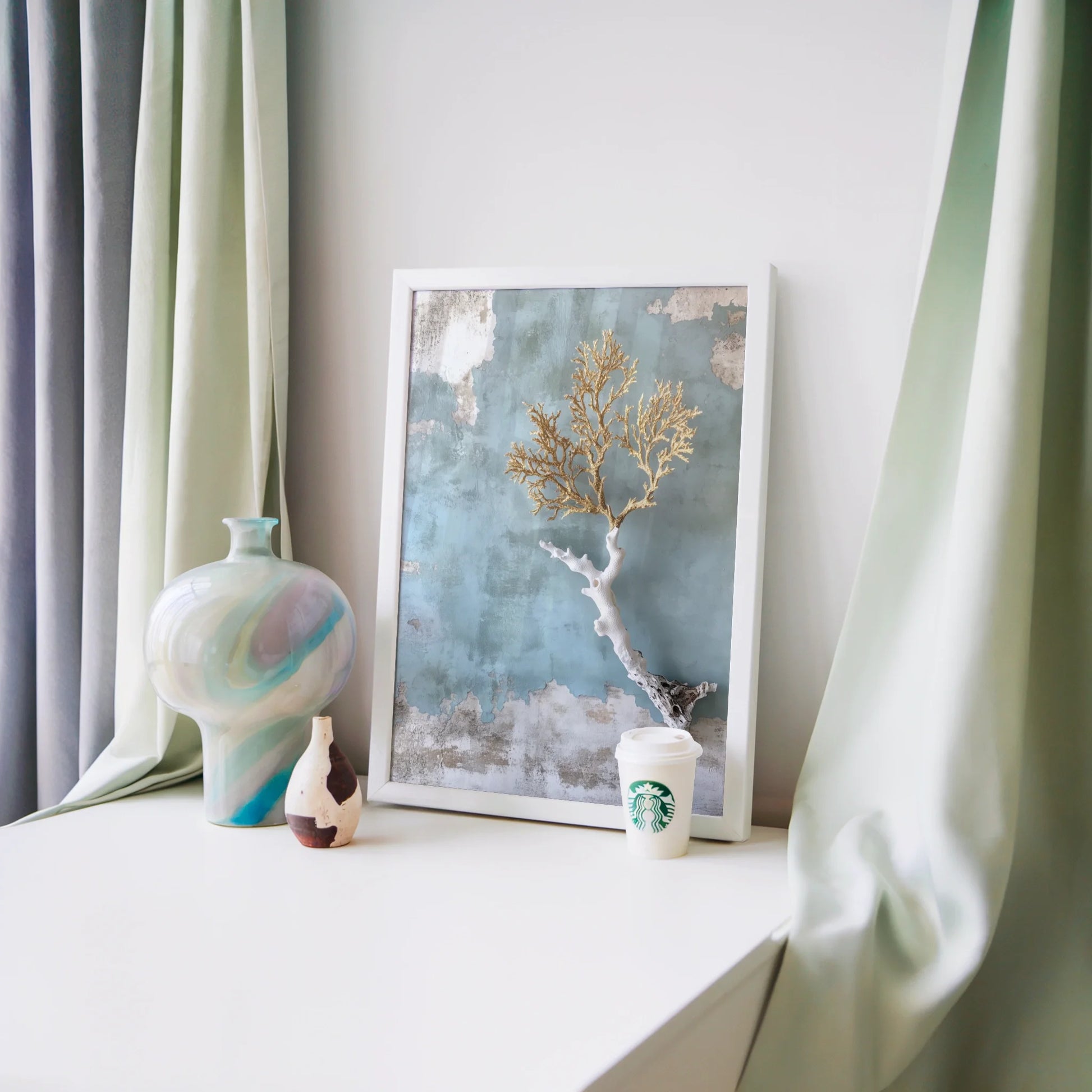 Coastal Coral Art Golden Branches Textured in room