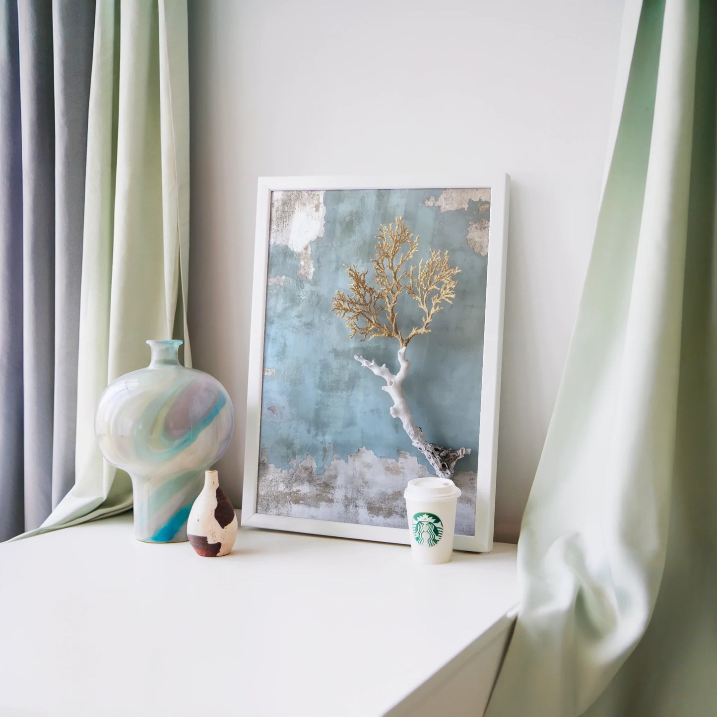 Coastal Coral Art Golden Branches Textured in room