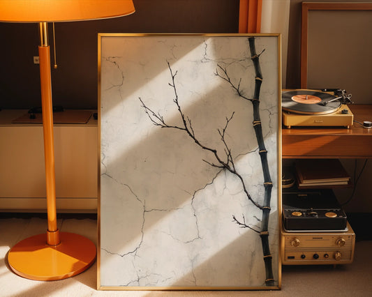 Minimalist Bamboo Branch Cracked Plaster Canvas Wall Art — Modern Asian-inspired canvas featuring dark stalks emerging from aged stone surface for contemporary decor