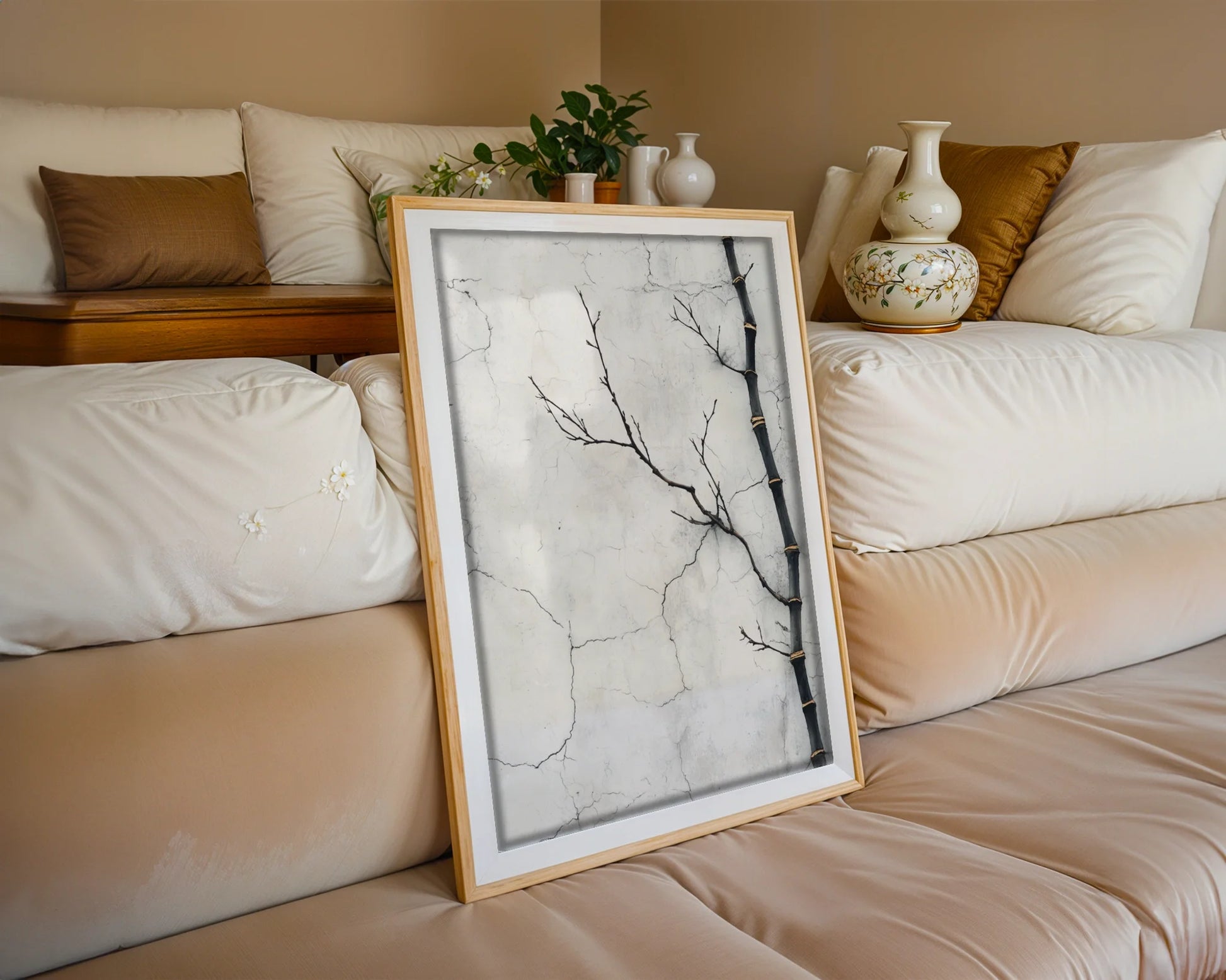 Minimalist Bamboo Branch Cracked Plaster Canvas Wall Art — Rustic imperfection meets nature in this distressed surface artwork with organic elements for serene interiors