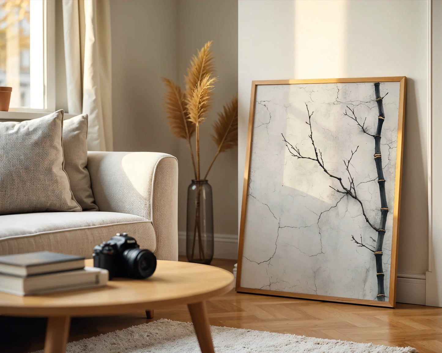 Minimalist Bamboo Branch Cracked Plaster in room