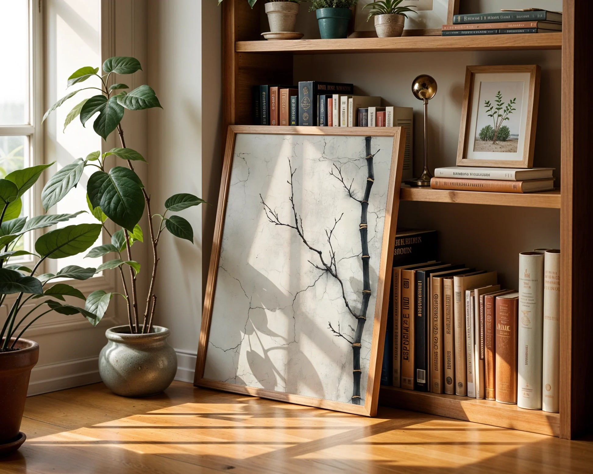 Minimalist Bamboo Branch Cracked Plaster in room