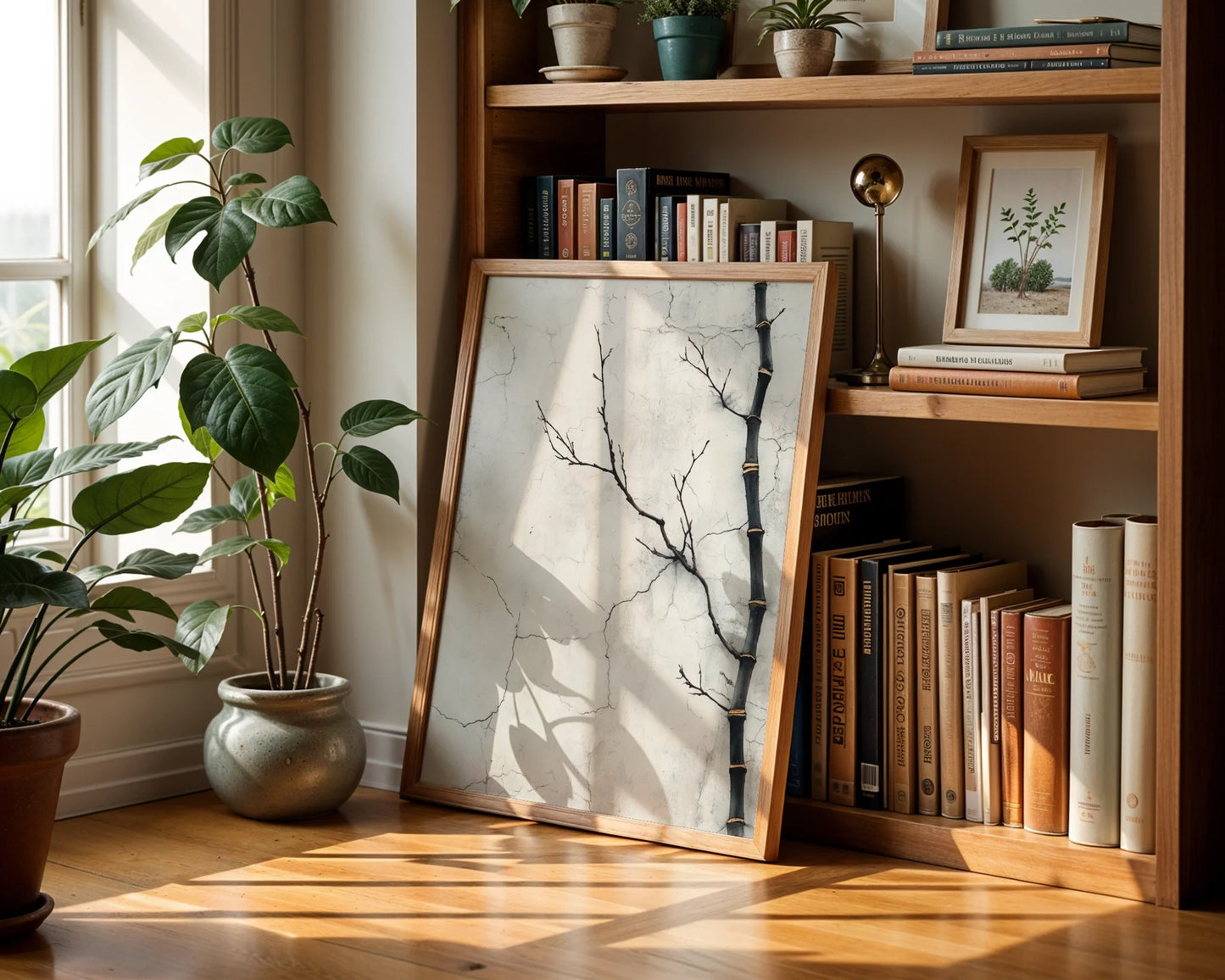 Minimalist Bamboo Branch Cracked Plaster in room