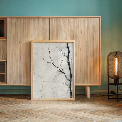 Minimalist Bamboo Branch Cracked Plaster Canvas Wall Art — Warm cream and charcoal canvas with rough plaster finish and smooth natural elements for neutral decor
