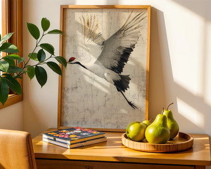 Red Crowned Crane Gold Leaf Distressed Plaster Canvas Wall Art — Ascending bird artwork on textured background showcases zen design principles in modern interior