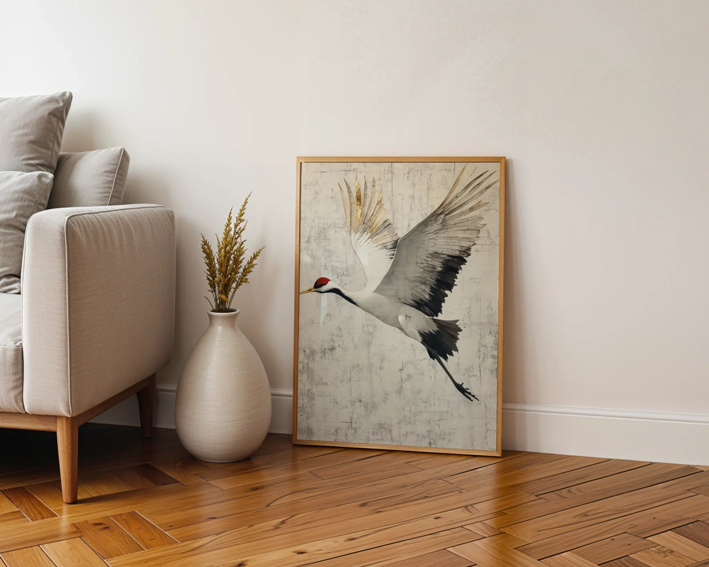 Red Crowned Crane Gold Leaf Distressed Plaster Canvas Wall Art — Serene crane illustration with aged finish brings tranquil aesthetic to minimalist home styling