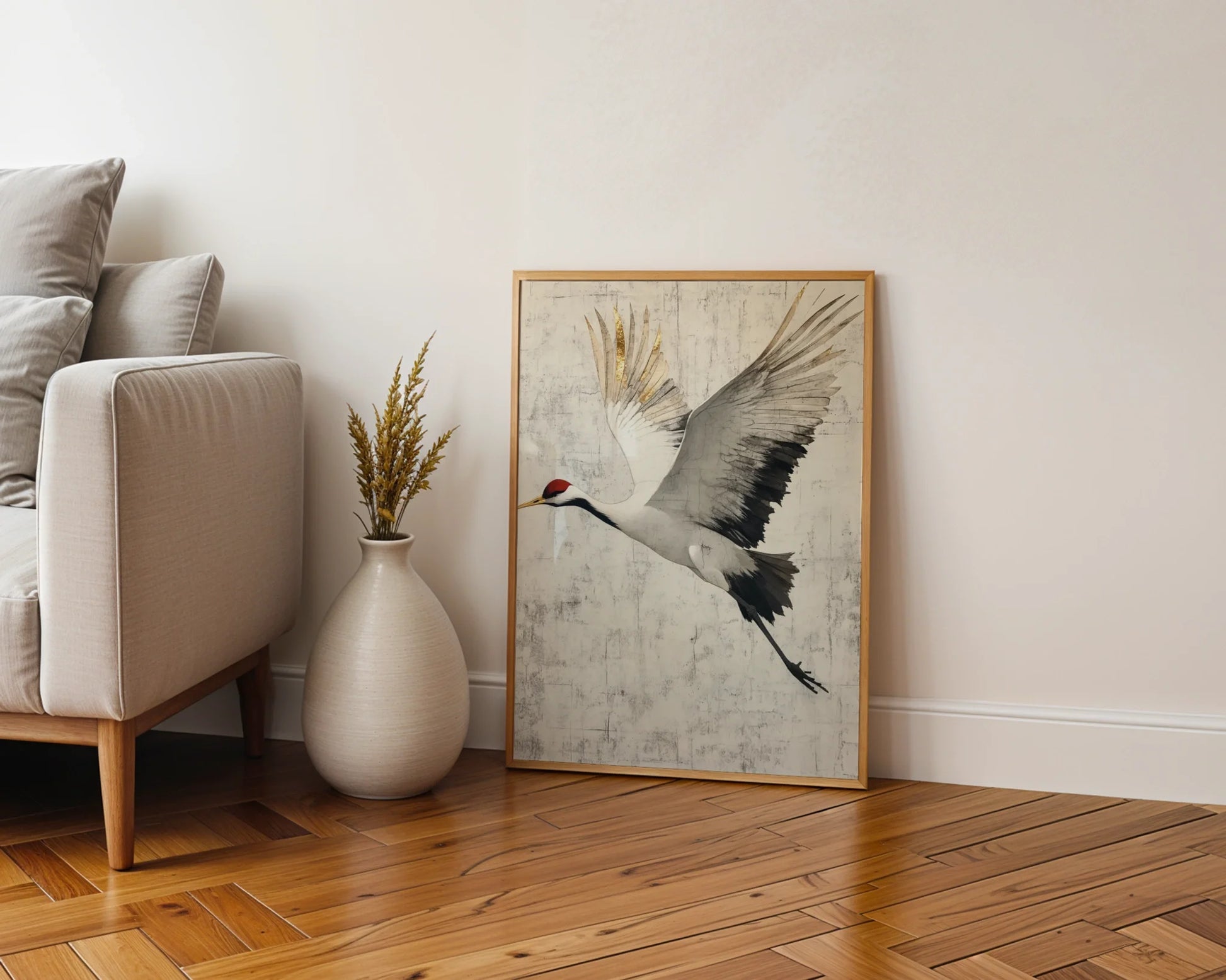 Red Crowned Crane Gold Leaf Distressed Plaster Canvas Wall Art — Serene crane illustration with aged finish brings tranquil aesthetic to minimalist home styling