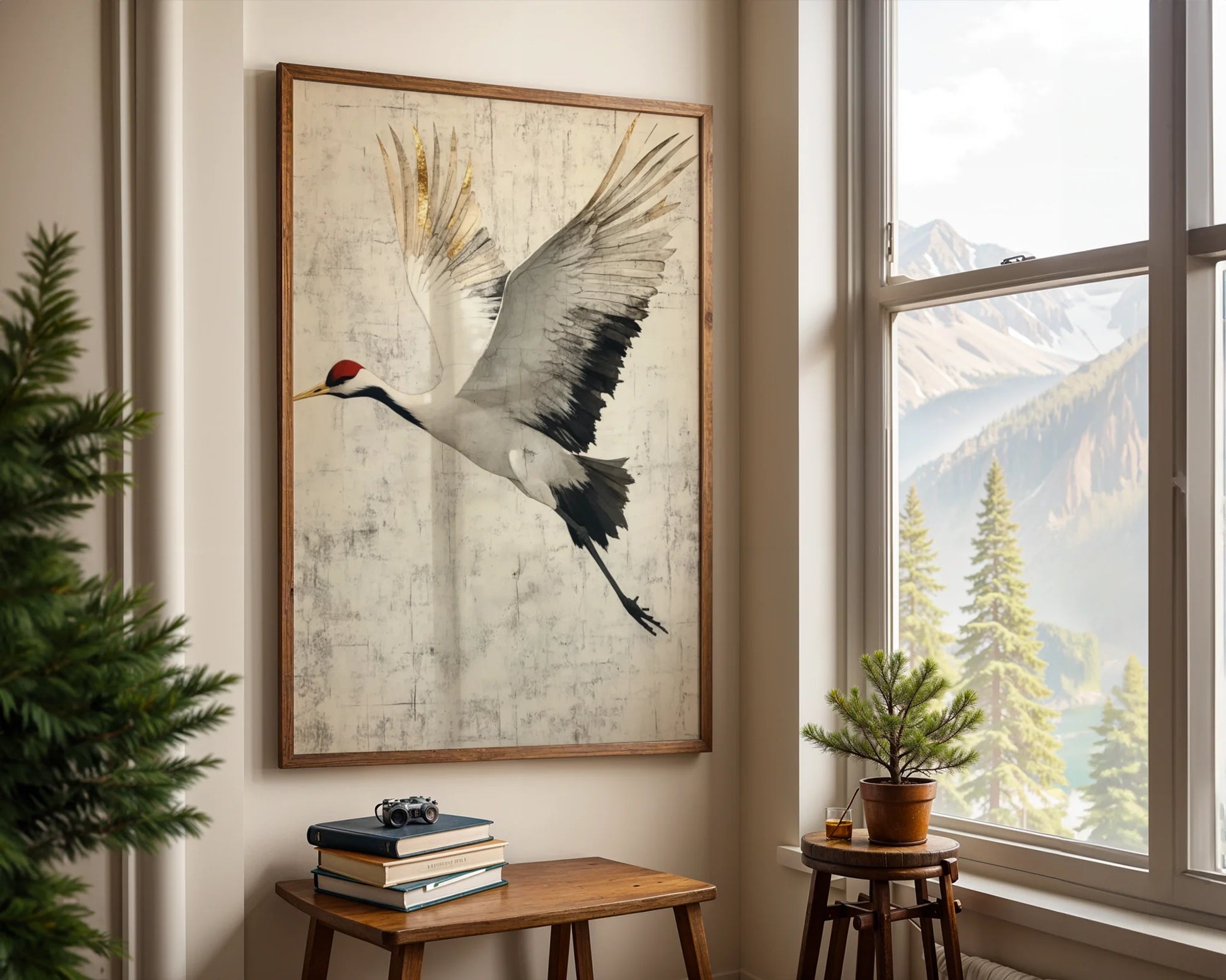 Red Crowned Crane Gold Leaf Distressed Plaster Canvas Wall Art — Oriental bird canvas with shimmering accents displayed in clean-lined contemporary room setting