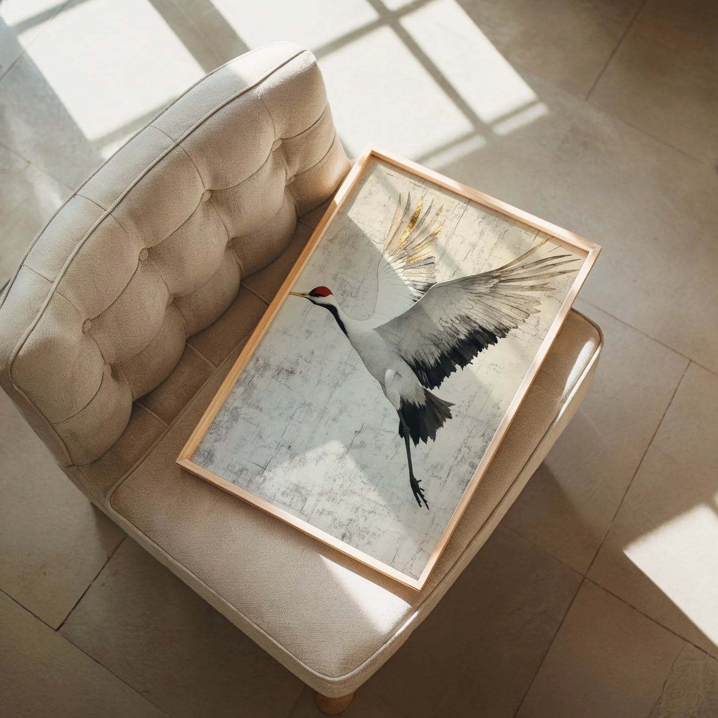 Red Crowned Crane Gold Leaf Distressed Plaster Canvas Wall Art — Eastern-inspired crane artwork with metallic touches complements scandinavian interior design