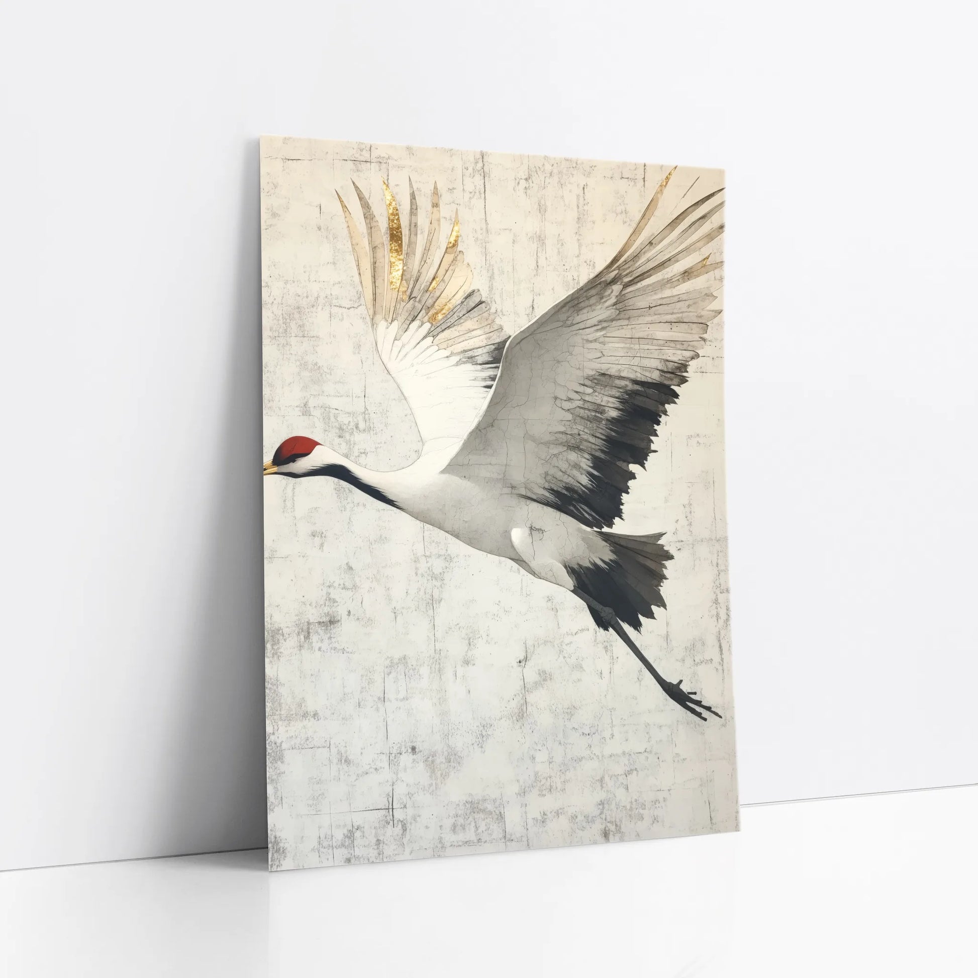Red Crowned Crane Gold Leaf Distressed Plaster art print