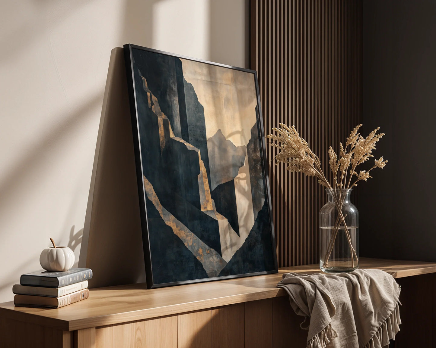 Large Abstract Architectural Concrete Forms Canvas Wall Art — Upscale industrial canvas showcasing towering stone columns bathed in amber light for refined interiors