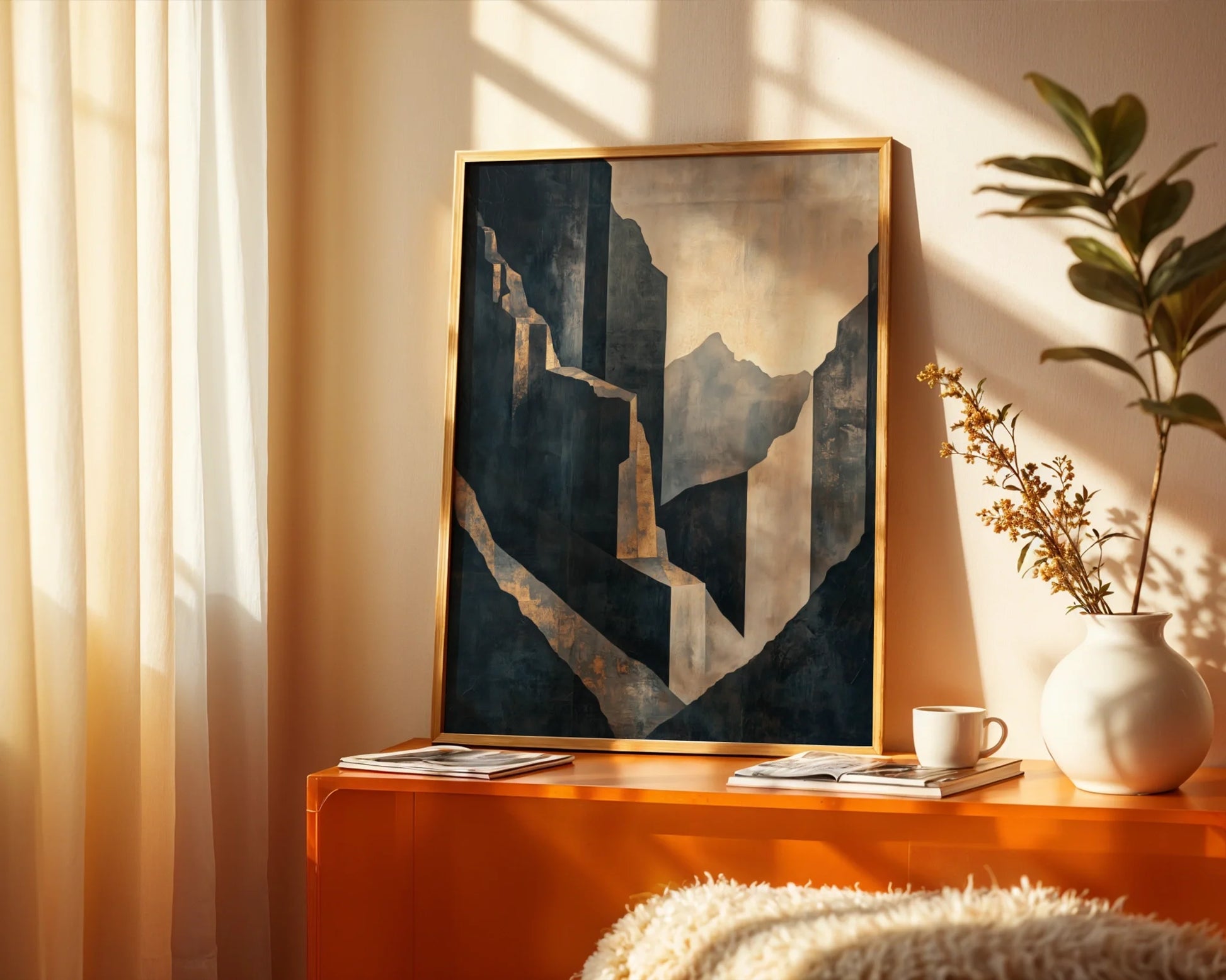Large Abstract Architectural Concrete Forms Canvas Wall Art — Clean-lined decor piece featuring solid stone pillars emerging from shadows in understated elegance