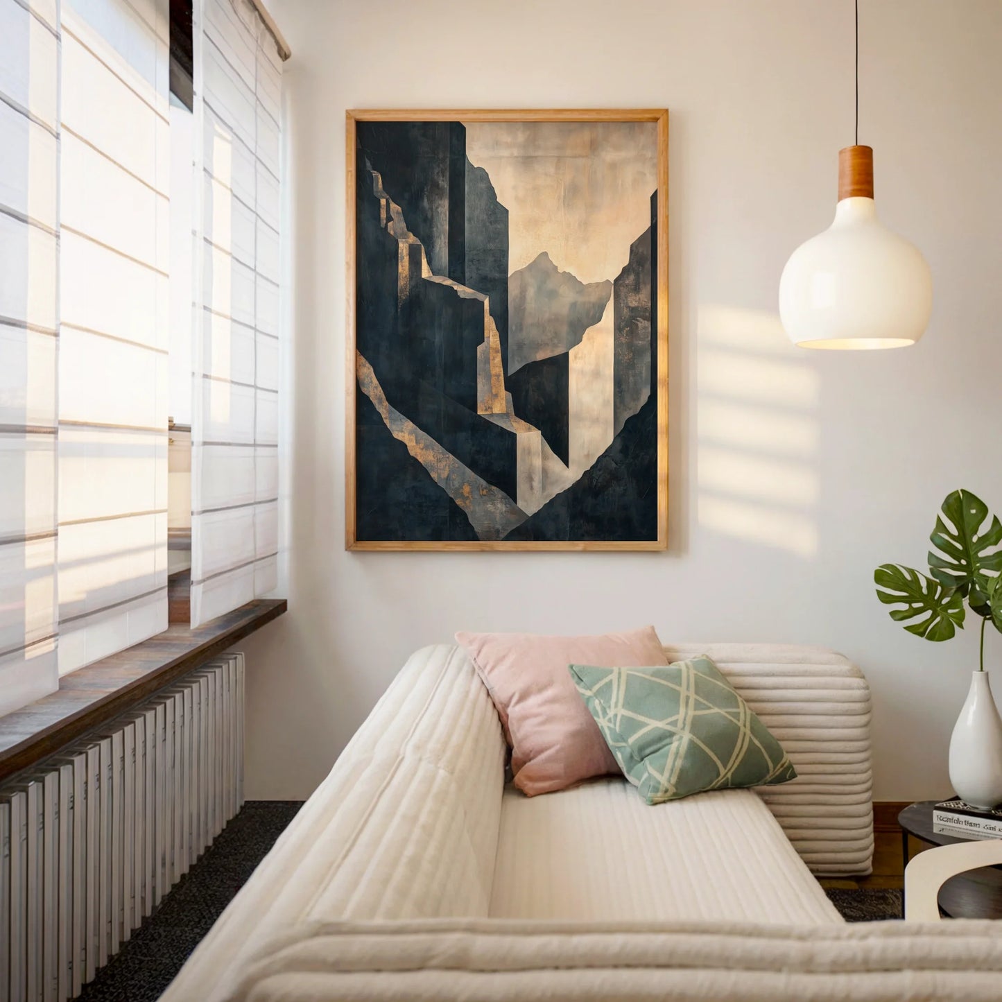 Large Abstract Architectural Concrete Forms Canvas Wall Art — Refined neutral artwork depicting massive stone structures ascending through warm light in upscale homes