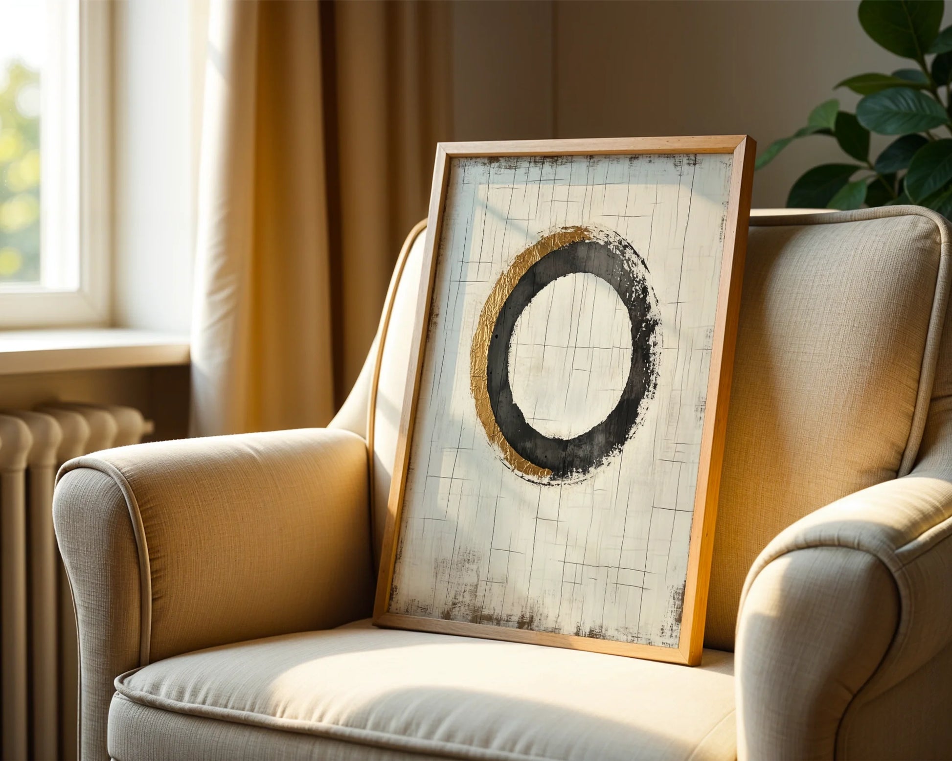 Gold Leaf Circle Japandi Portal Geometric Canvas Wall Art — Scandinavian-inspired artwork featuring hammered metal forms on canvas in neutral home styling