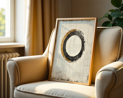 Gold Leaf Circle Japandi Portal Geometric Canvas Wall Art — Scandinavian-inspired artwork featuring hammered metal forms on canvas in neutral home styling