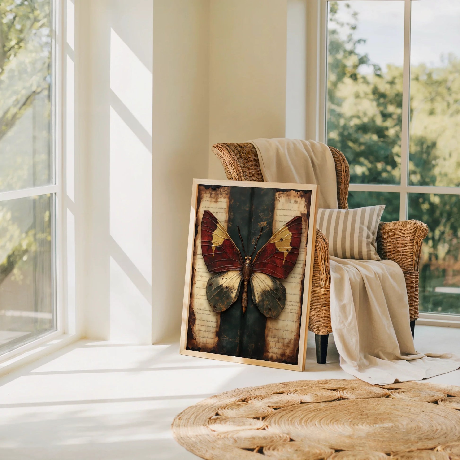 Butterfly Specimen Victorian Manuscript Canvas Wall Art Print — Rich sienna and rust-toned creature artwork with textured parchment finish for warm home styling