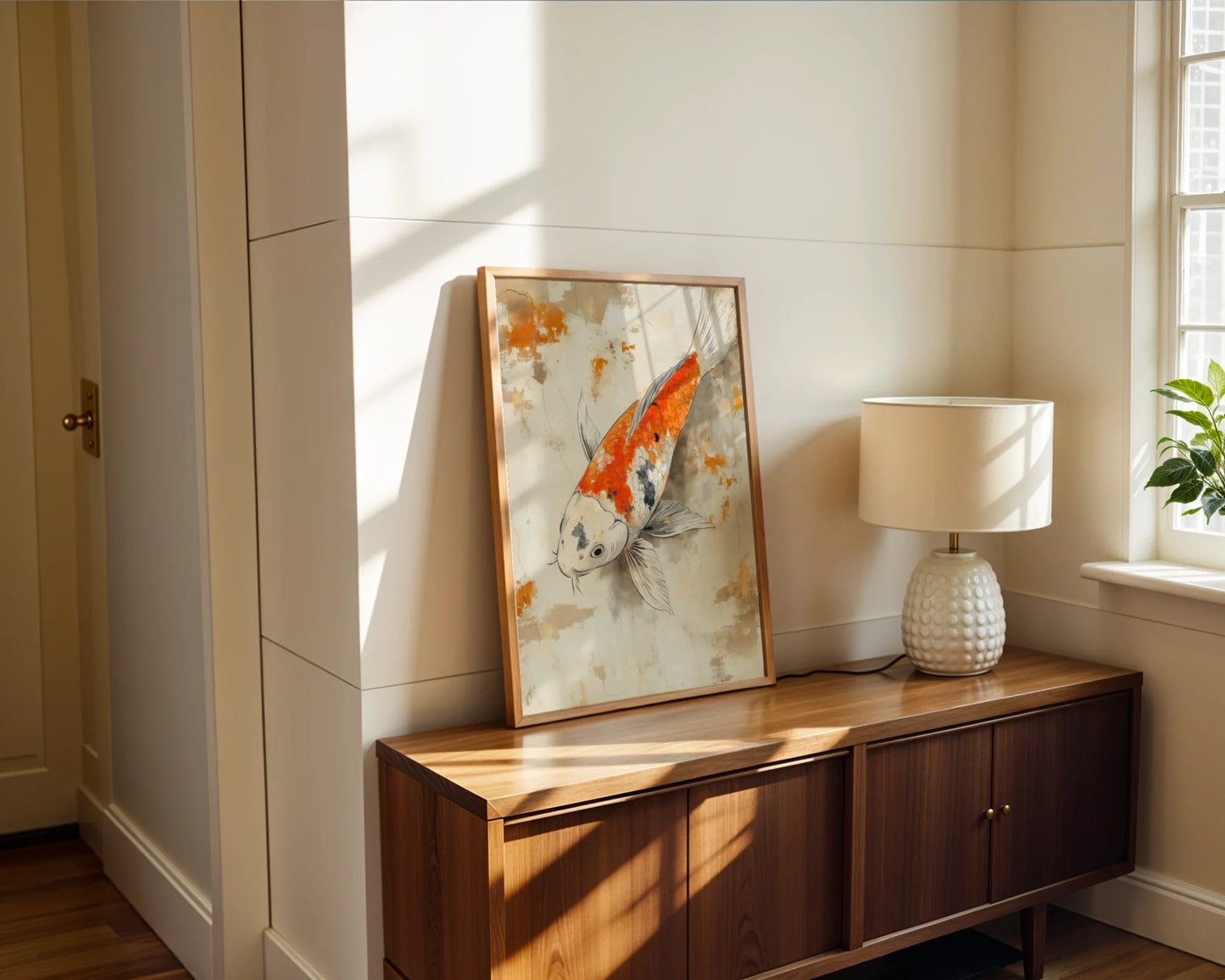 Japanese Koi Painting Weathered Parchment Canvas Wall Art — Neutral living room showcasing minimalist fish artwork with handcrafted brushstrokes for contemporary spaces