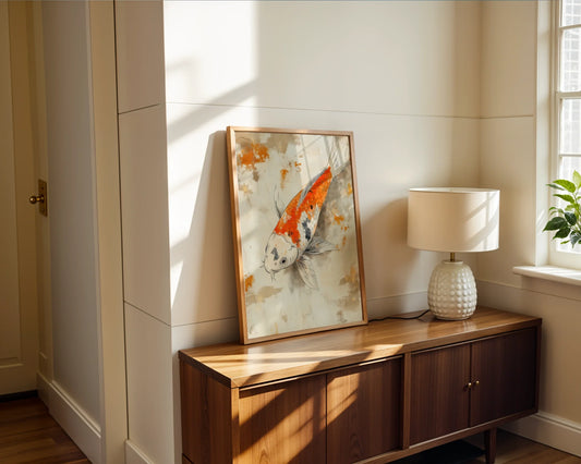Japanese Koi Painting Weathered Parchment Canvas Wall Art — Neutral living room showcasing minimalist fish artwork with handcrafted brushstrokes for contemporary spaces