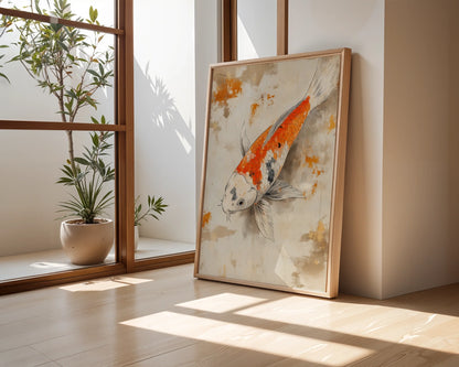 Japanese Koi Painting Weathered Parchment Canvas Wall Art — Modern bedroom featuring textured aquatic canvas with temple-inspired design for serene home styling