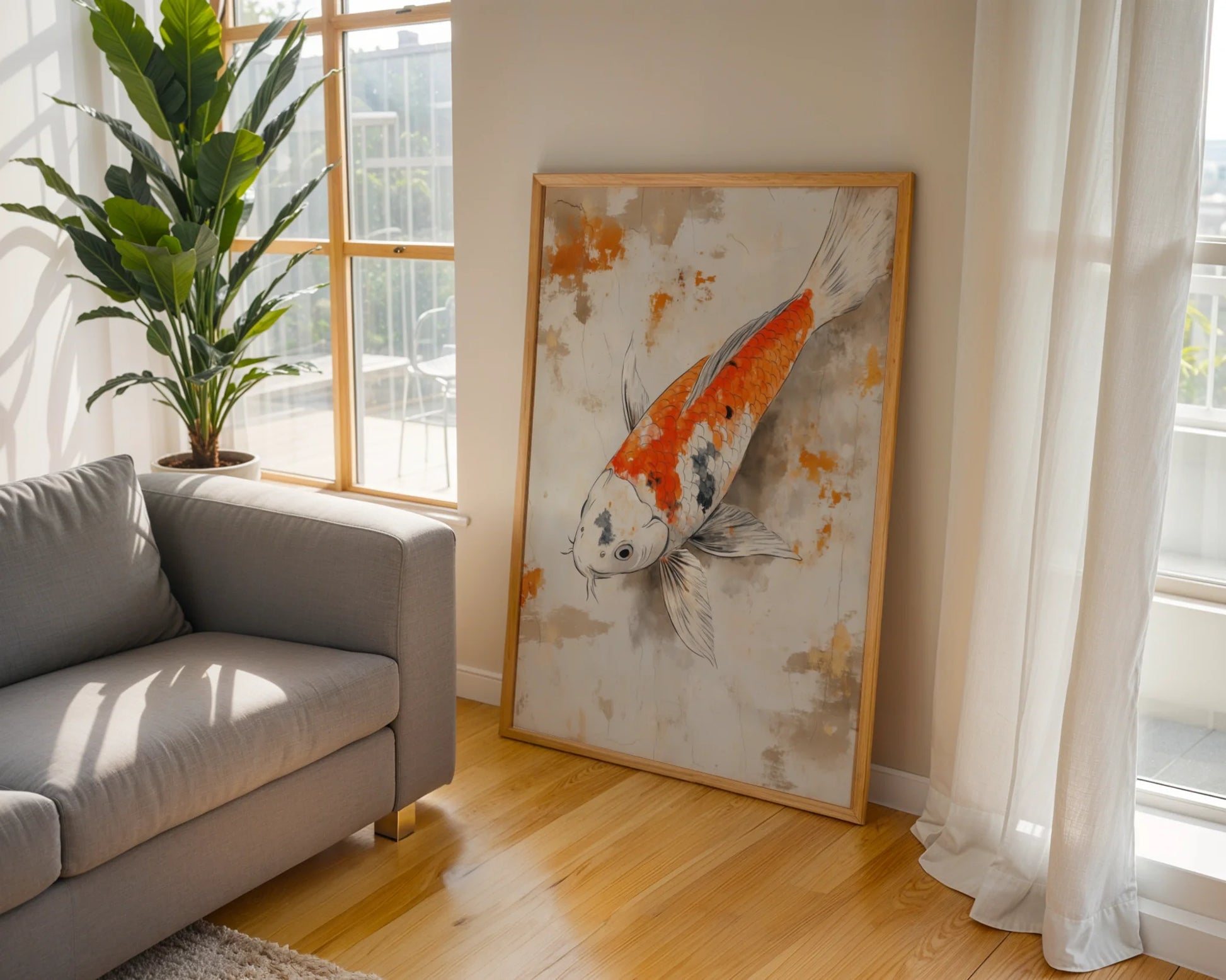 Japanese Koi Painting Weathered Parchment Canvas Wall Art — Clean home office displaying imperfect fish scroll with weathered finish for mindful interior design